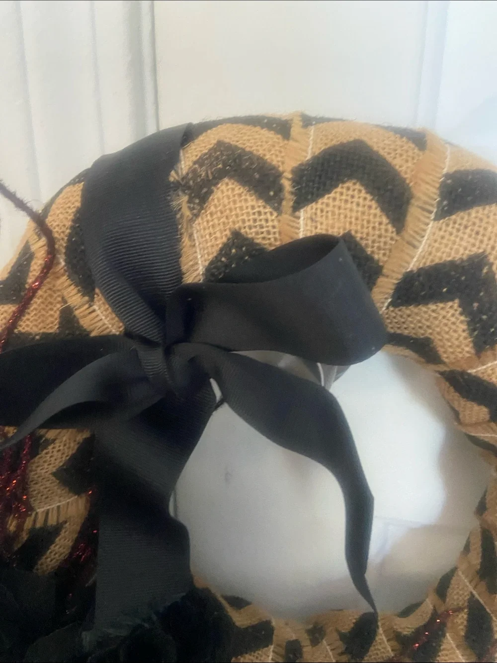 Handcrafted Red & Black Floral Headband with Chevron Burlap